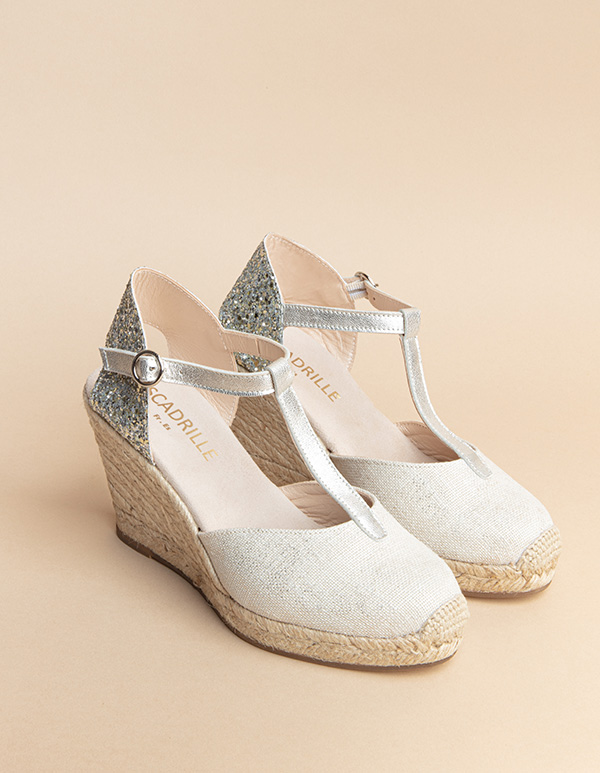Espadrilles Paillettes, Toile Lin argent MARBELLA BRIDE